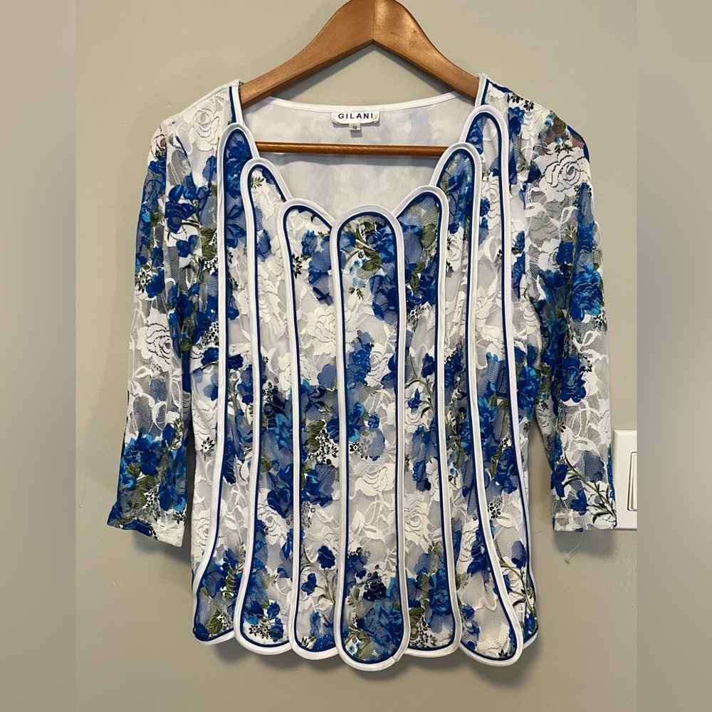 Gilani White Blue Floral Lace Women's Top nwot size 12